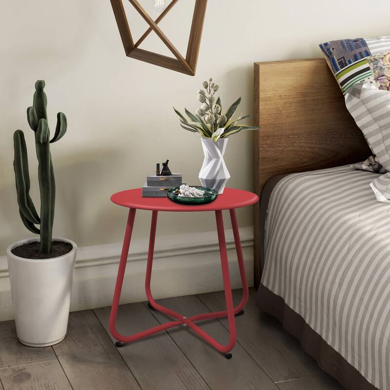 Outdoor Side Table, 18'' Small Round Side Table with Adjustable Fee - Red