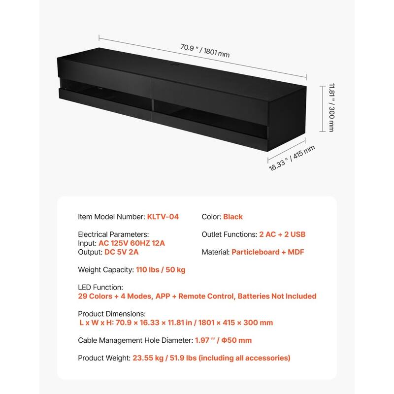 Floating TV Stand, 71 in Wall Mount Entertainment Center with Power Outlet & LED Lights, Modern Floating TV Shelf with 2 Drawers