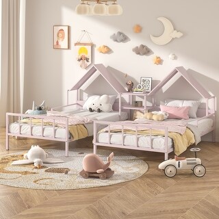 Metal Double Twin Size Platform Bed with House-shaped Headboard and Built-in Nightstand