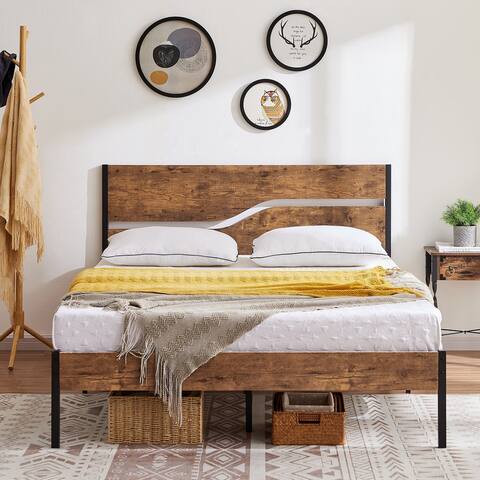 Twin/Full/Queen Industrial Platform Bed Frame with Headboard, Mattress Base, No Box Spring Needed