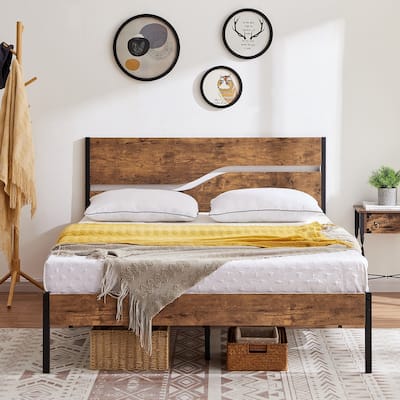 Javlergo Metal Platform Bed Frame with Wooden Headboard and Footboard, Industrial Metal Bedframe No Box Spring Needed
