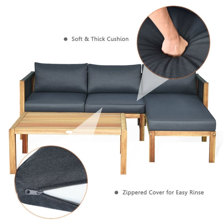 3 Piece Patio Acacia Sofa Set with Nylon Armrest - 52" x 26" x 25"(L x W x H)