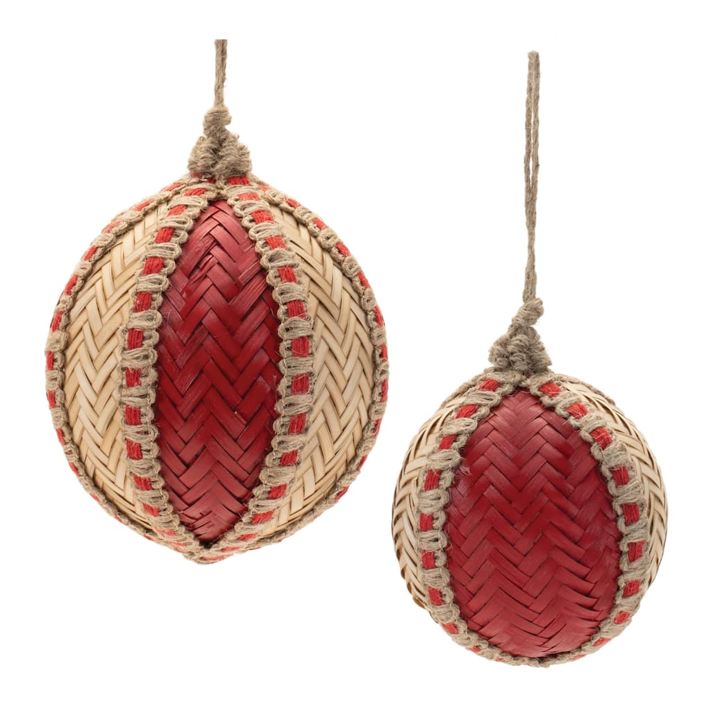 Woven Bamboo Christmas Ball Ornaments - 4" - Red and Beige - 4ct