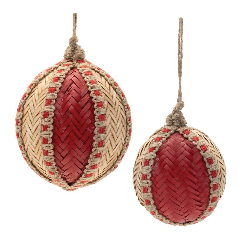 Woven Bamboo Christmas Ball Ornaments - 4" - Red and Beige - 4ct