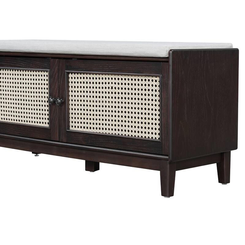 Roomfitters Entryway Storage Bench, Boho Rattan Cabinet, Hallway Organizer Seat with Cushion