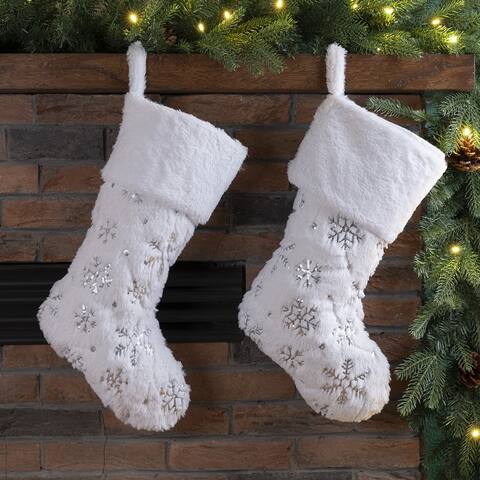 Glitzhome White Plush with Snowflake Christmas Stocking