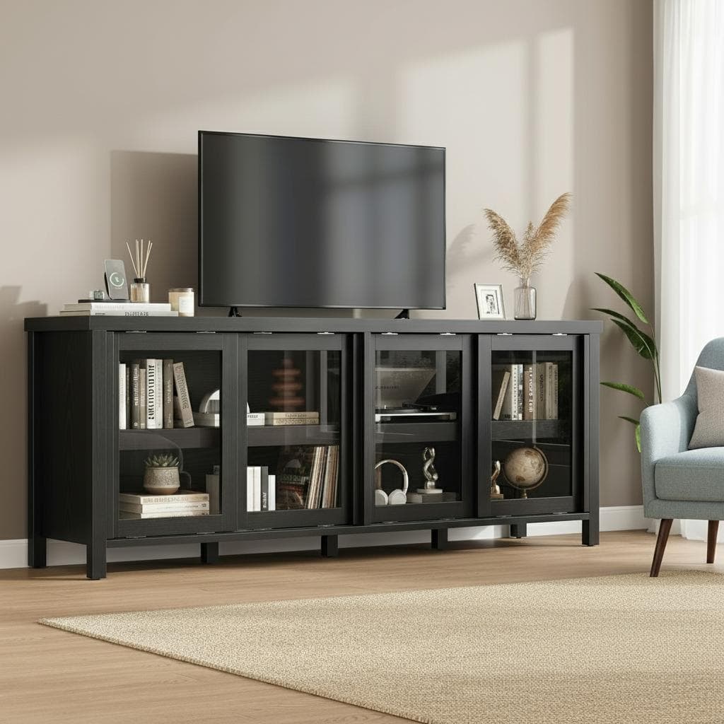 TV Stand, with 4 Sliding Glass Doors & Storage Cabinet