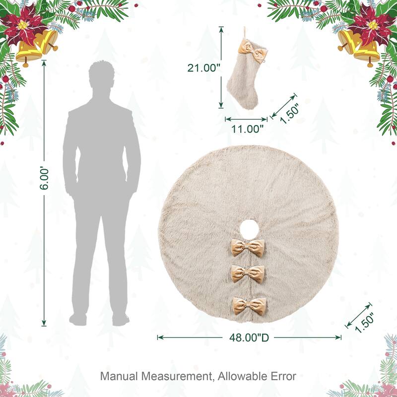 Glitzhome 21"L Plush Faux Fur Christmas Stocking with Bow & Tree Skirt