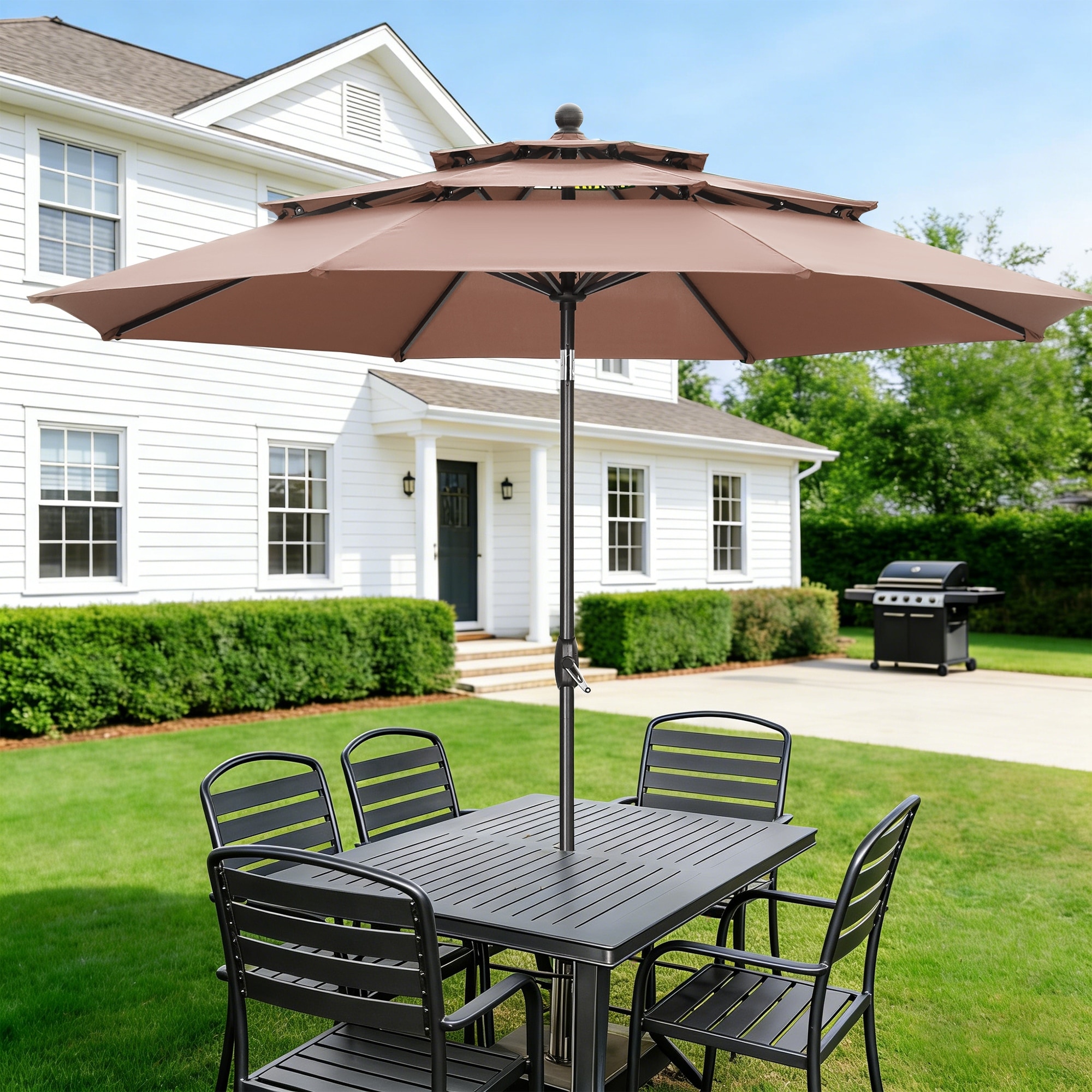 Ainfox 10 ft Patio Outdoor Umbrella with 3 Tiers and Crank Tilt Market Table Umbrella