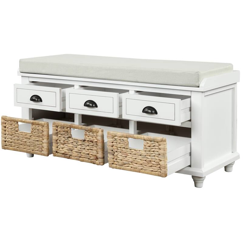 Rustic Linen Upholstered Storage Bench with Drawers & Rattan Baskets - Perfect for Farmhouse Decor