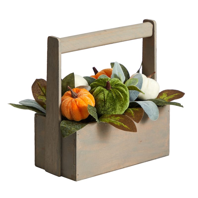 10” Pumpkin Fall Harvest Artificial Arrangement with Wood Basket