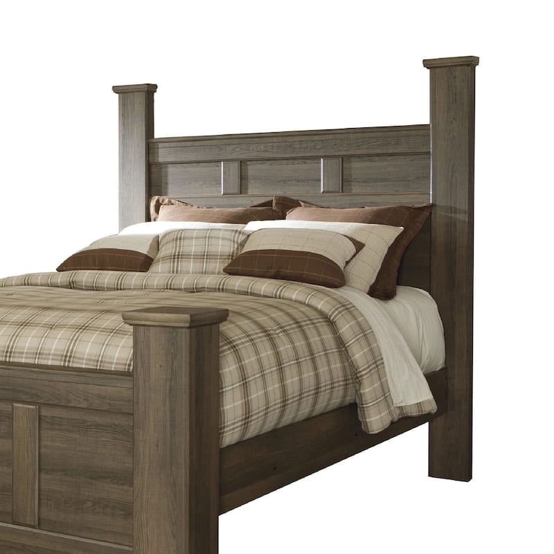 Joi Queen Size Poster Bed, Plank Design, Aged Oak Brown Rough Sawn