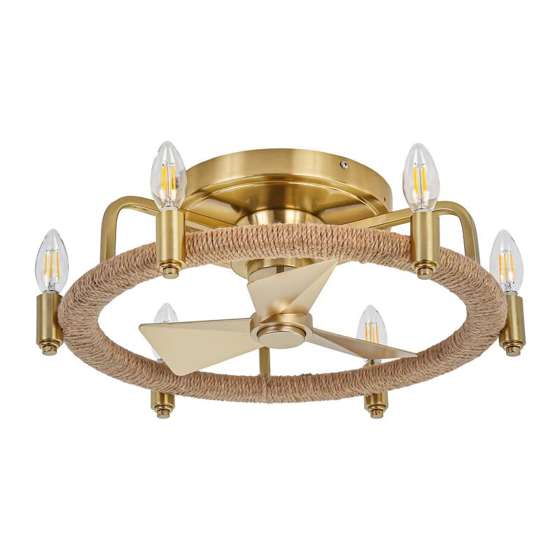 20" Gold Farmhouse Hemp Rope Low Profile Ceiling Fan with Light and Remote - 20.3 in. W × 6.5 in. H