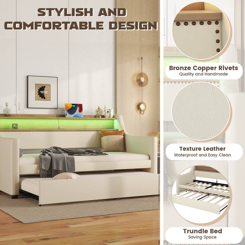 Twin Size Upholstered Daybed with Trundle, Charging Station, and LED Lights, Beige