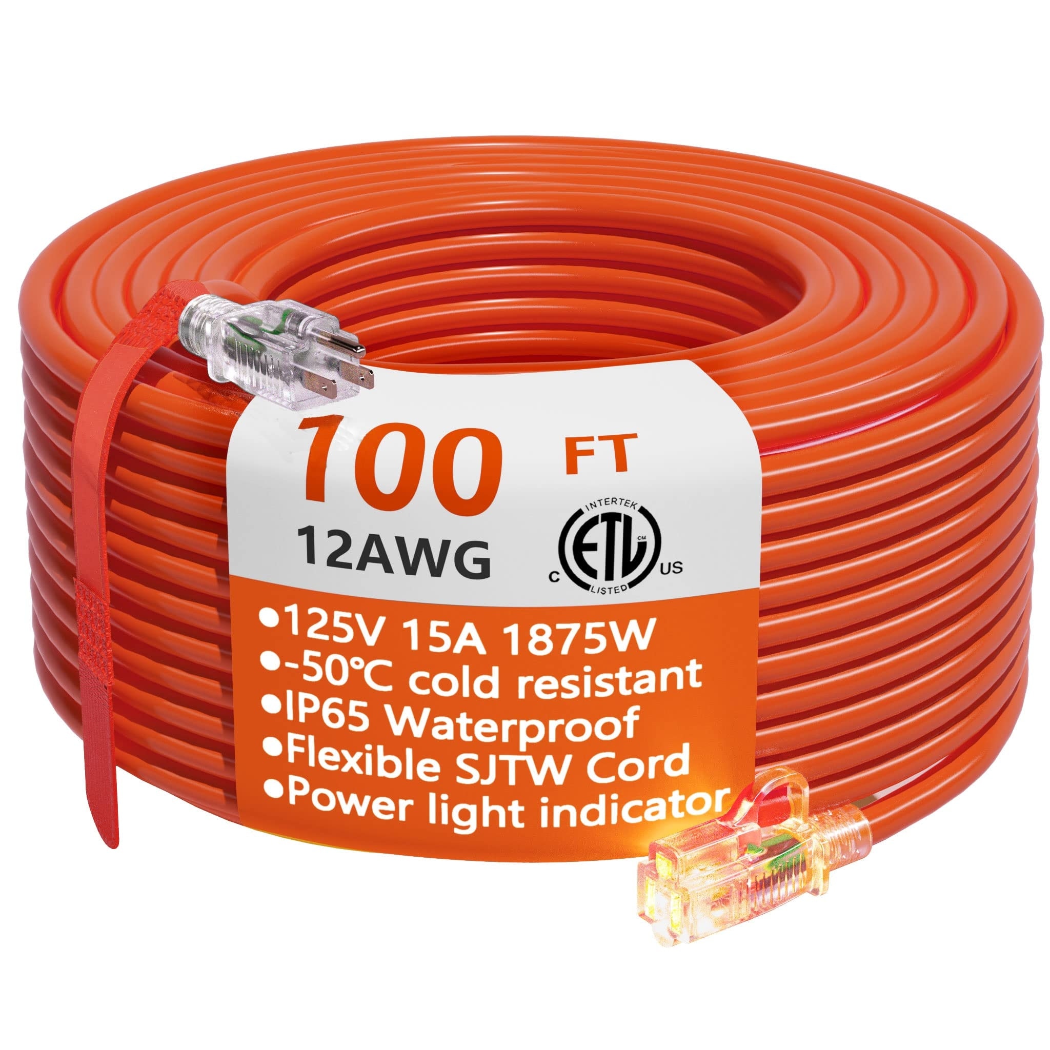 12/3 Gauge Heavy Duty Outdoor Extension Cord 100 ft Waterproof with Lighted  end, 3 Prong Electric Cord, 15Amp 1875W 12AWG SJTW - Bed Bath & Beyond -  39768134