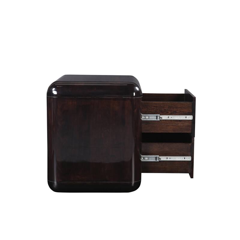 NADAAL STUDIOS Elaria Nightstand, Boxy High Gloss Acacia Body with Rounded Corners Push-to-Open Drawers, Dark Brown
