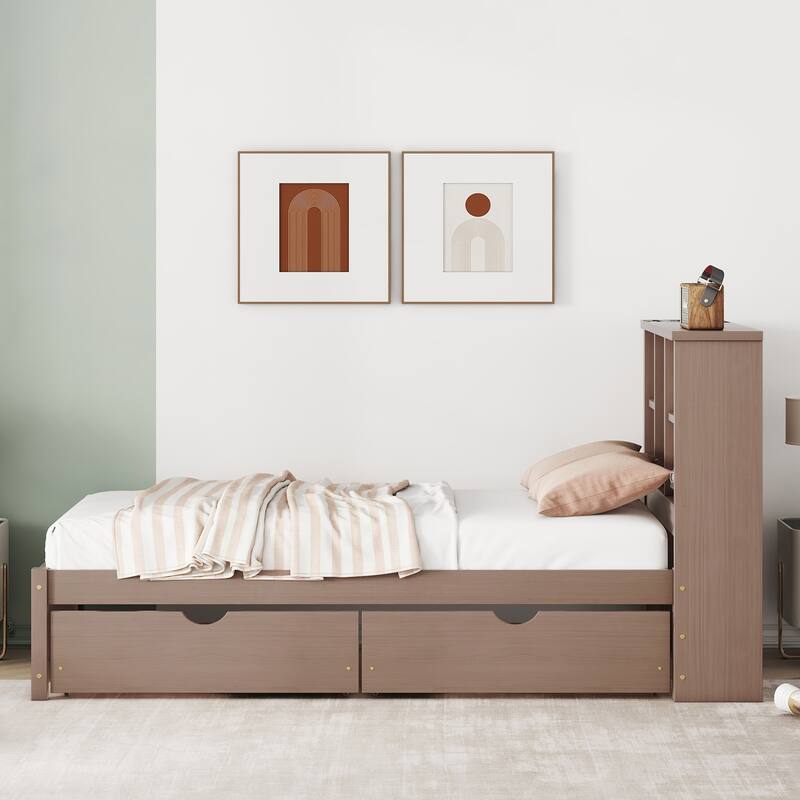 Modern Twin Size bed Frame With Built-in USB Port on Bookcase Headboard and 2 Drawers for Walnut Color