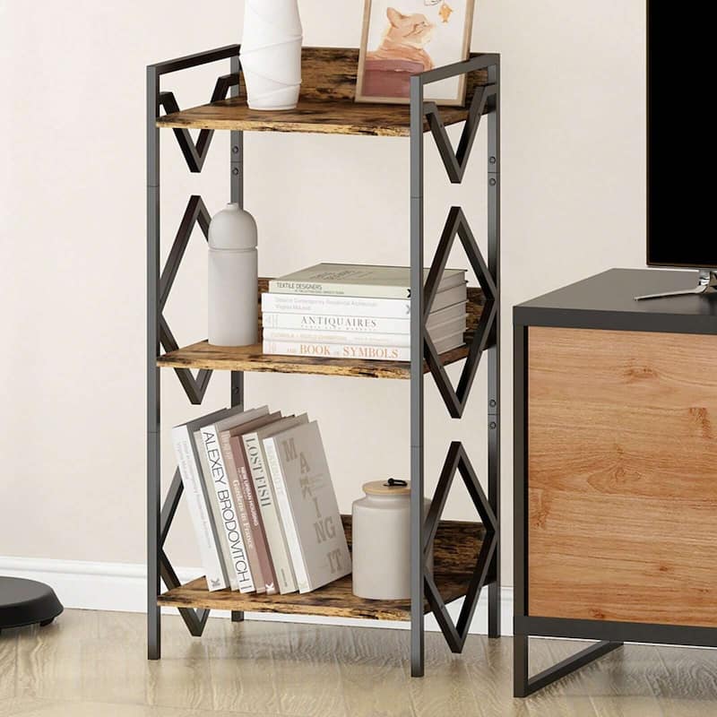 3 Tier Small Black Bookcase Wood and Steel Storage Shelf Space Saving Display Rack for Living Room Bedroom Office - Brown
