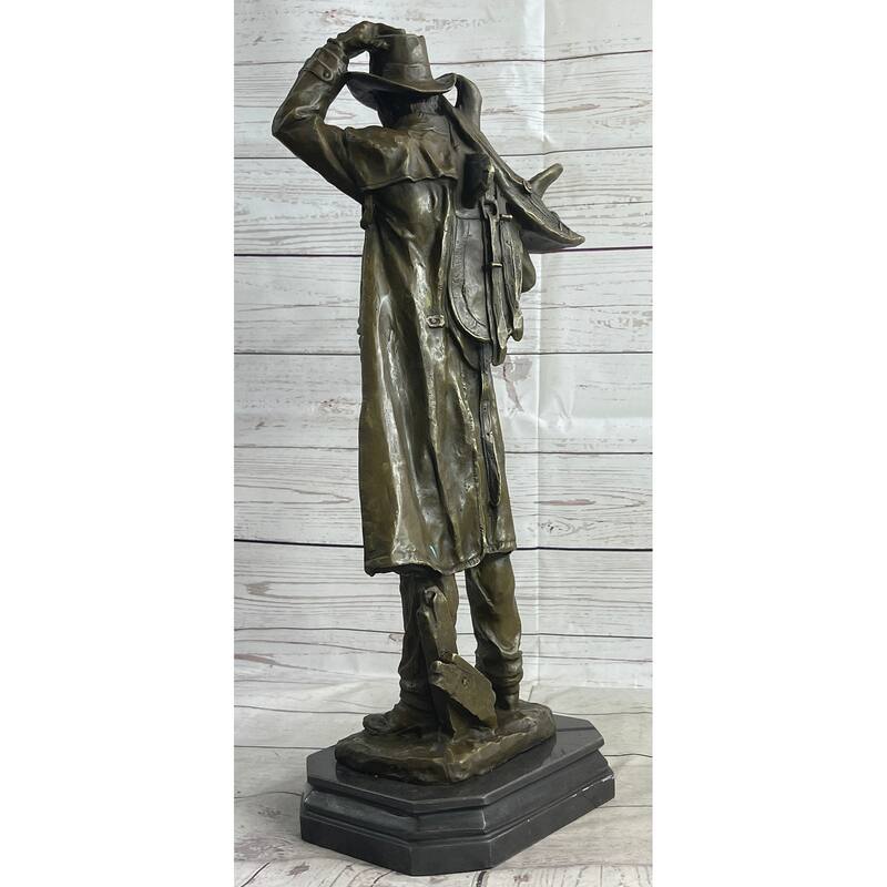 Country Western Cowboy Hauling Saddle Bronze Sculpture Statue Art Decor