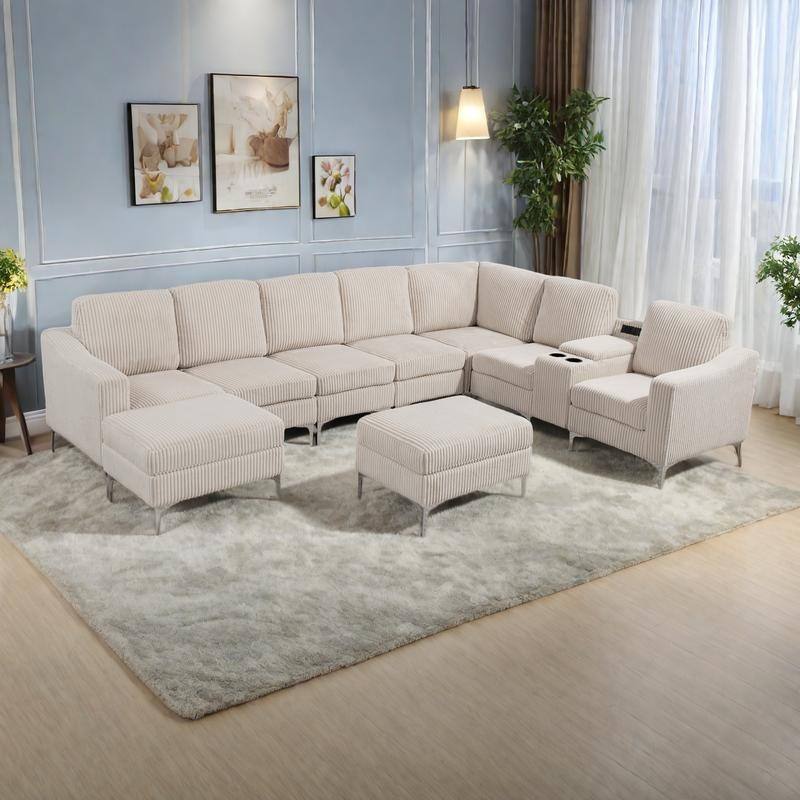 129.14" Corduroy 6-Piece Modular Sectional Sofa with 2 Storage Ottomans, USB Charging and Cup Holders - Beige