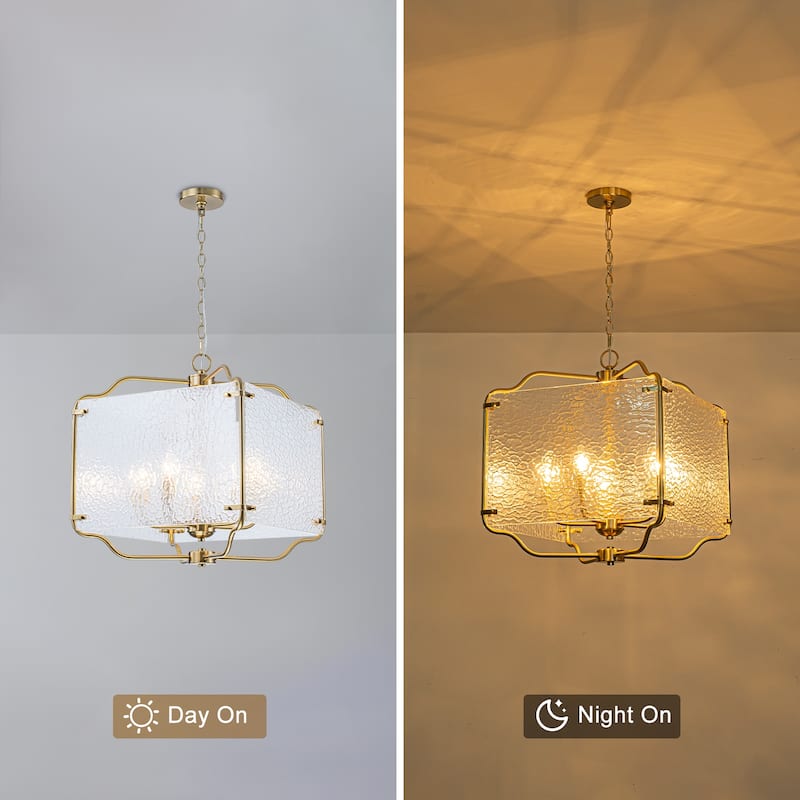 5-Light Gold Square Chandelier with Clear Textured Glass Ceiling Fixture - Dia.19.69-in