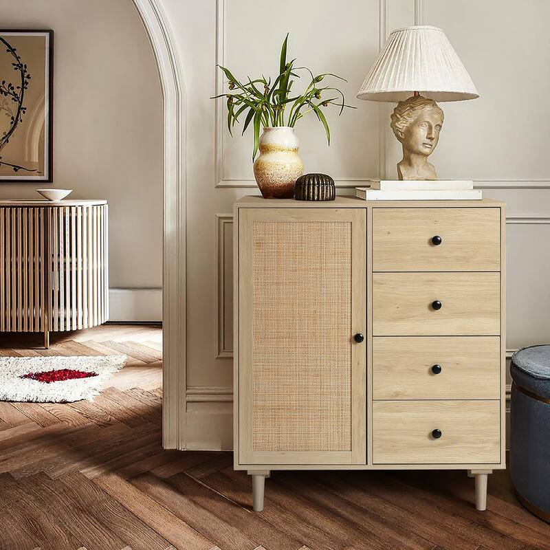 Storage Cabinet 1-Door 4-Drawer Wood Cabinet - Oak Finish Accent Cabinet Organizer