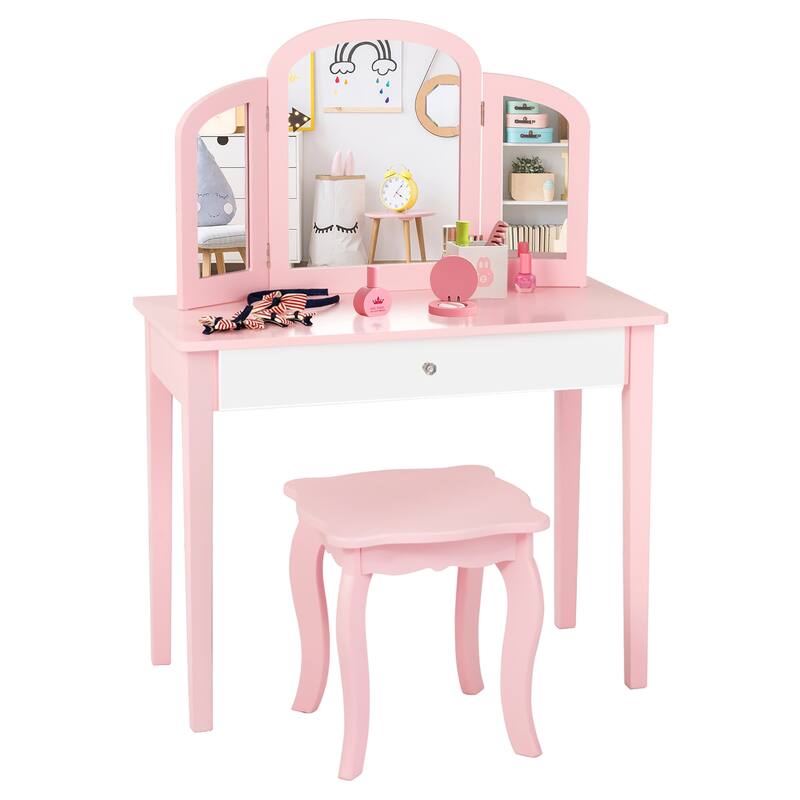 Kids Vanity Set with Mirror Toddler Beauty Makeup Dressing Table Set - Pink