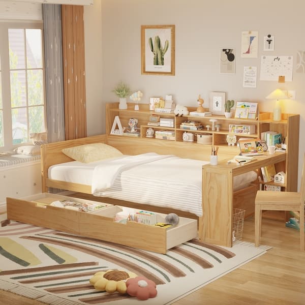 slide 2 of 36, Twin Size Daybed All in One Daybed with Shelves Desk Drawers Natural - Twin