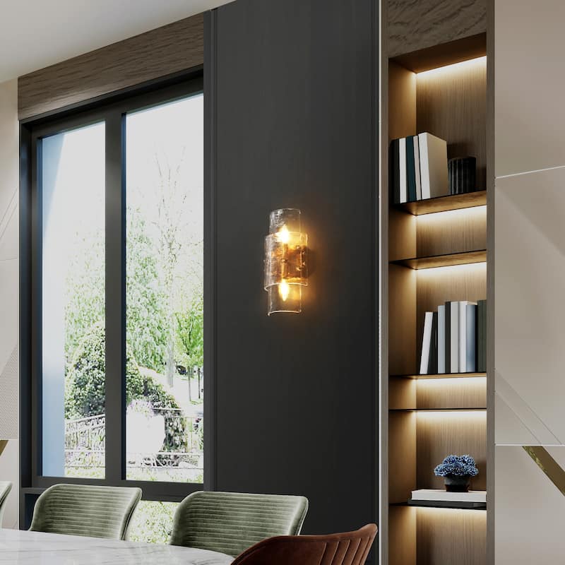 Modern 2-Light Gold Wall Sconces Textured Glass Bathroom Vanity Lights - L14.2" x W6.3"