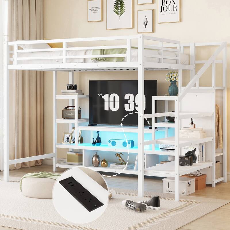 Full Size Metal Loft Bed with TV Cabinet, Staircase, Wardrobe, and LED Light Strip, White