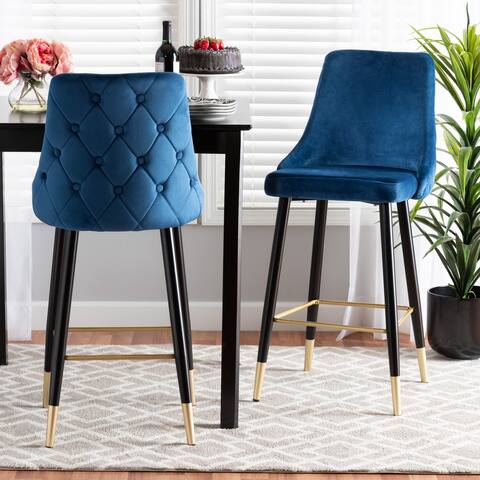 Giada Contemporary Glam and Luxe Velvet Fabric and Dark Brown Finished Wood 2-Piece Bar Stool Set