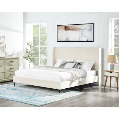 Rozitta Beige Velvet Wingback Platform Bed, Queen