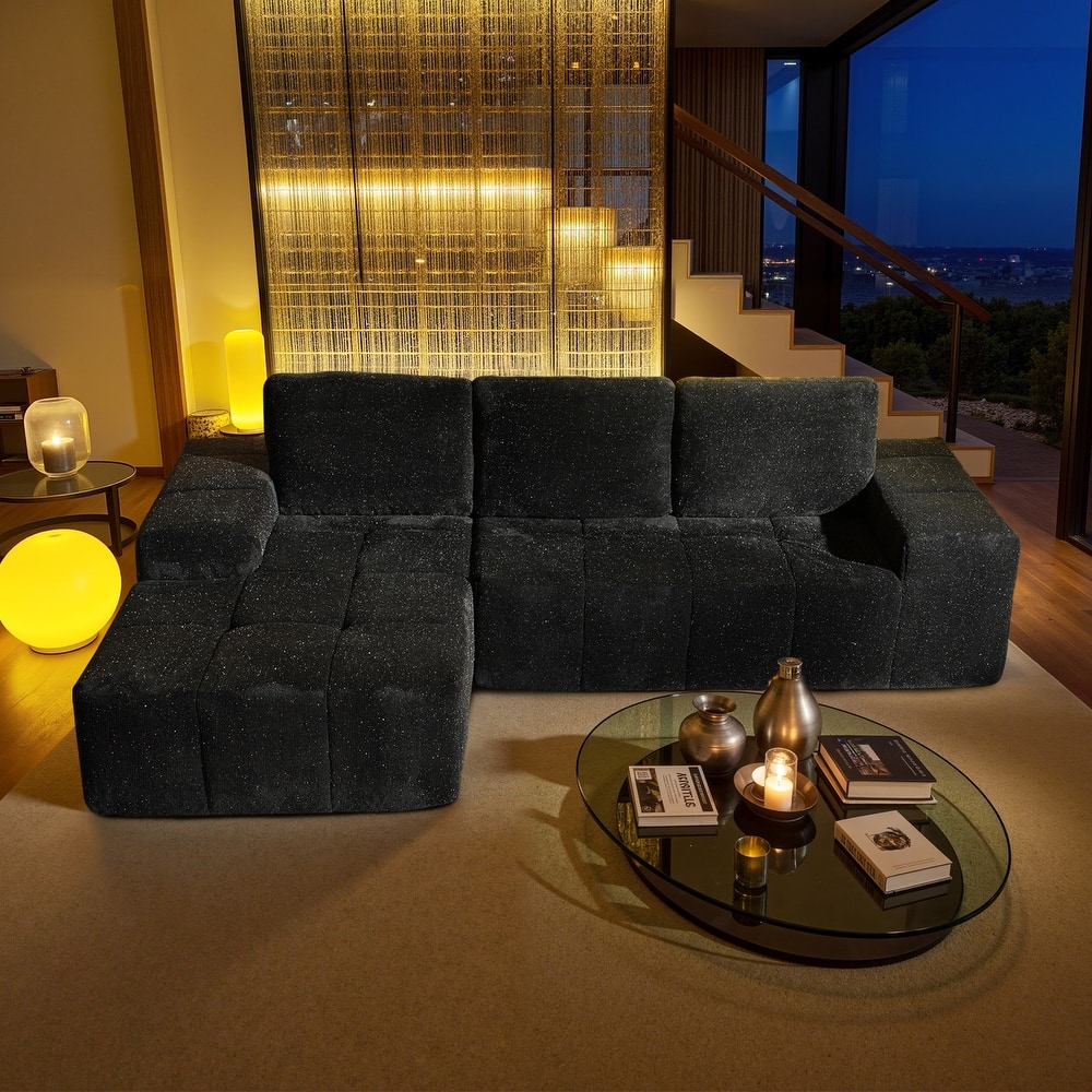 HOOOWOOO Modern Sparkly Velvet Fabric Chaise Sofa