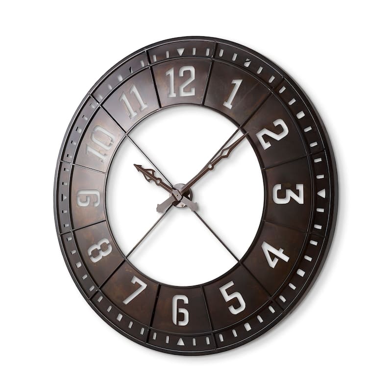 Newcastle 57" Round Dark Brown Metal Oversized Industrial Wall Clock - 56.4"W x 3.5"D x 56.4"H - 56.4"W x 3.5"D x 56.4"H - Brown