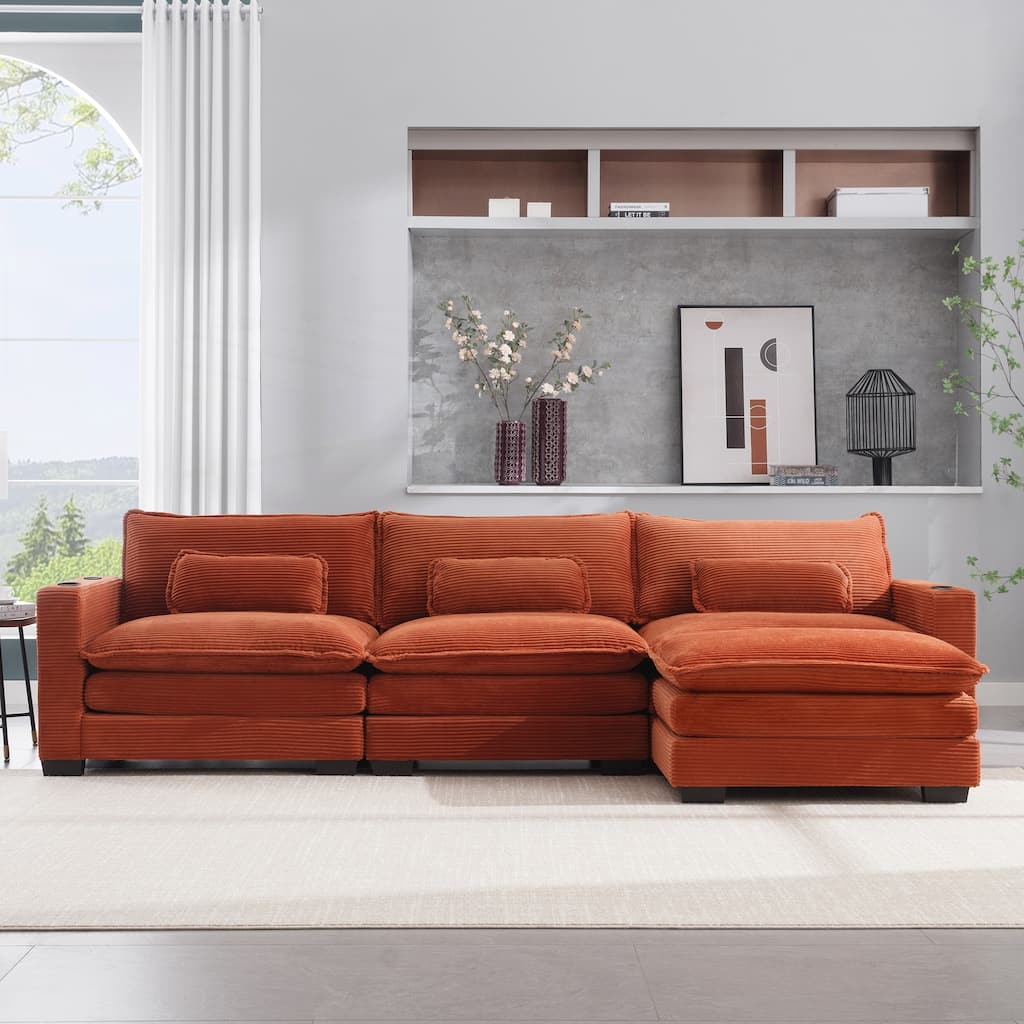 L Shape Sofa Couch with USB & Cup Holders