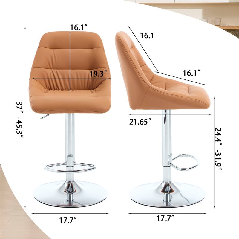 Set of 2 Bar Stools, with Chrome Footrest and Base Swivel Height Adjustable Mechanical Lifting Velvet