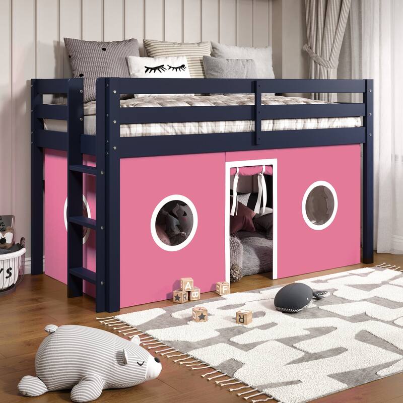 Taylor & Olive Trillium Low Loft Twin Bed with End Ladder - Loft Bed with Ladder - Blue with Pink & White Tent