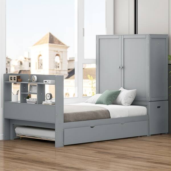 slide 2 of 24, Twin Size Platform Bed with Twin Size Trundle and Footboard, Kids Bed Frame with Pull-Out Shelves and Storage Headboard, Grey Grey