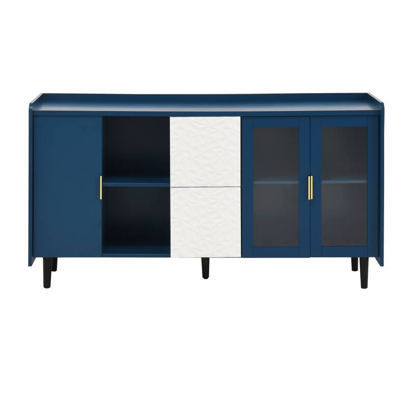 Blue Storage Cabinet Coffee Bar Cabinet Sideboard with 2 Drawers & Glass Doors, Buffet Table TV Console Table Display Cabinet
