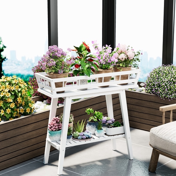 Wooden Rectangular Raised Garden Plant Stand White Modern 2 Tier