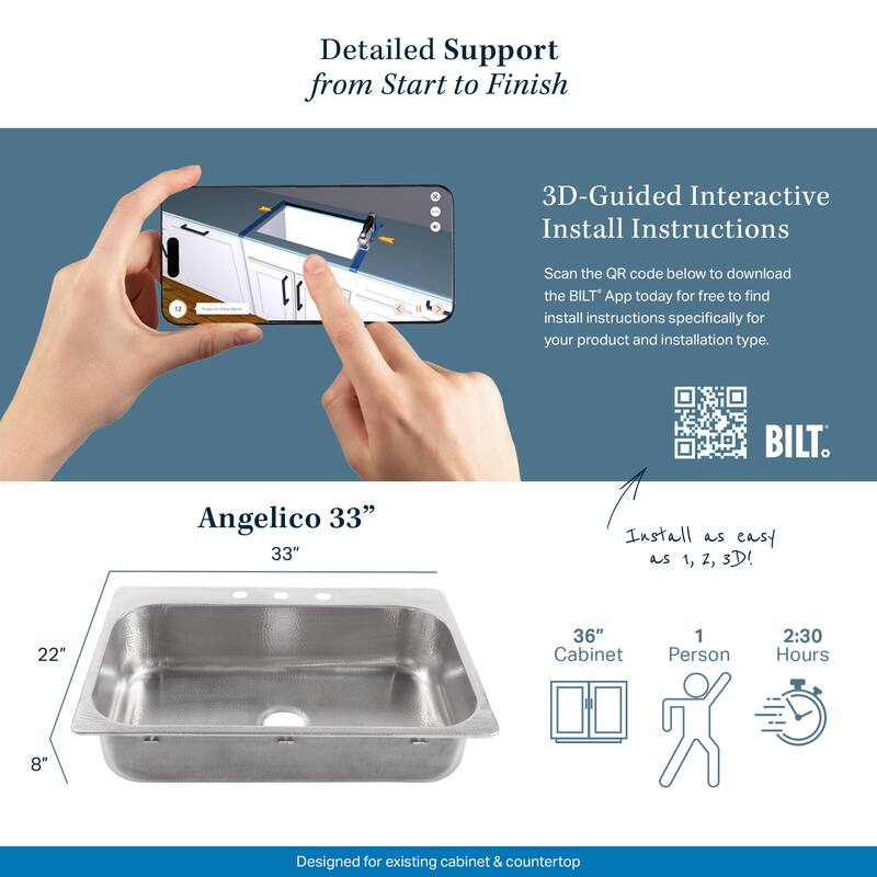 Angelico Crafted Stainless Steel 33" Single Bowl Drop-In Kitchen Sink with 3 Holes
