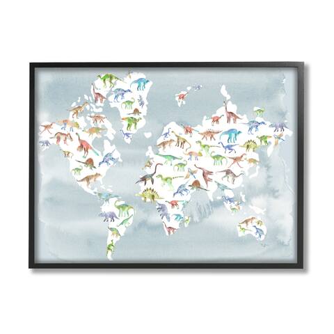 Stupell Industries Watercolor World Map with Dinosaur Reptile Pattern Framed Wall Art