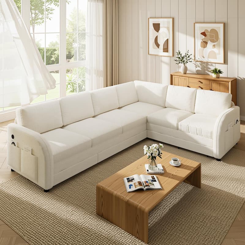 Homy Casa 85"/115" L-Shaped Sectional Sofa Bed USB & Side Pocket, Teddy Fabric Pull-Out Sleeper, Reversible Chaise, Multi Colors