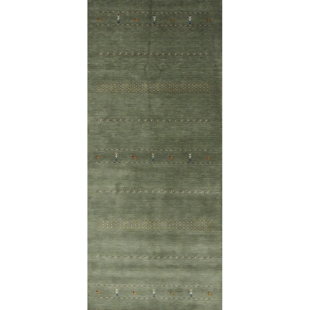 Hand Knotted Oriental 100% Wool Carpet Tribal Animal Pictorial Green Gabbeh Area Rug - 12' 1'' X 4' 11''