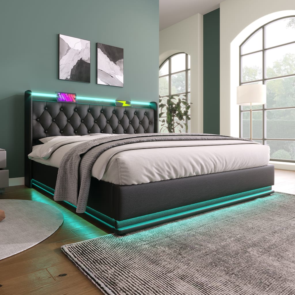 Metal Frame Storage Bed LED PU Upholstered Platform Bed, Full