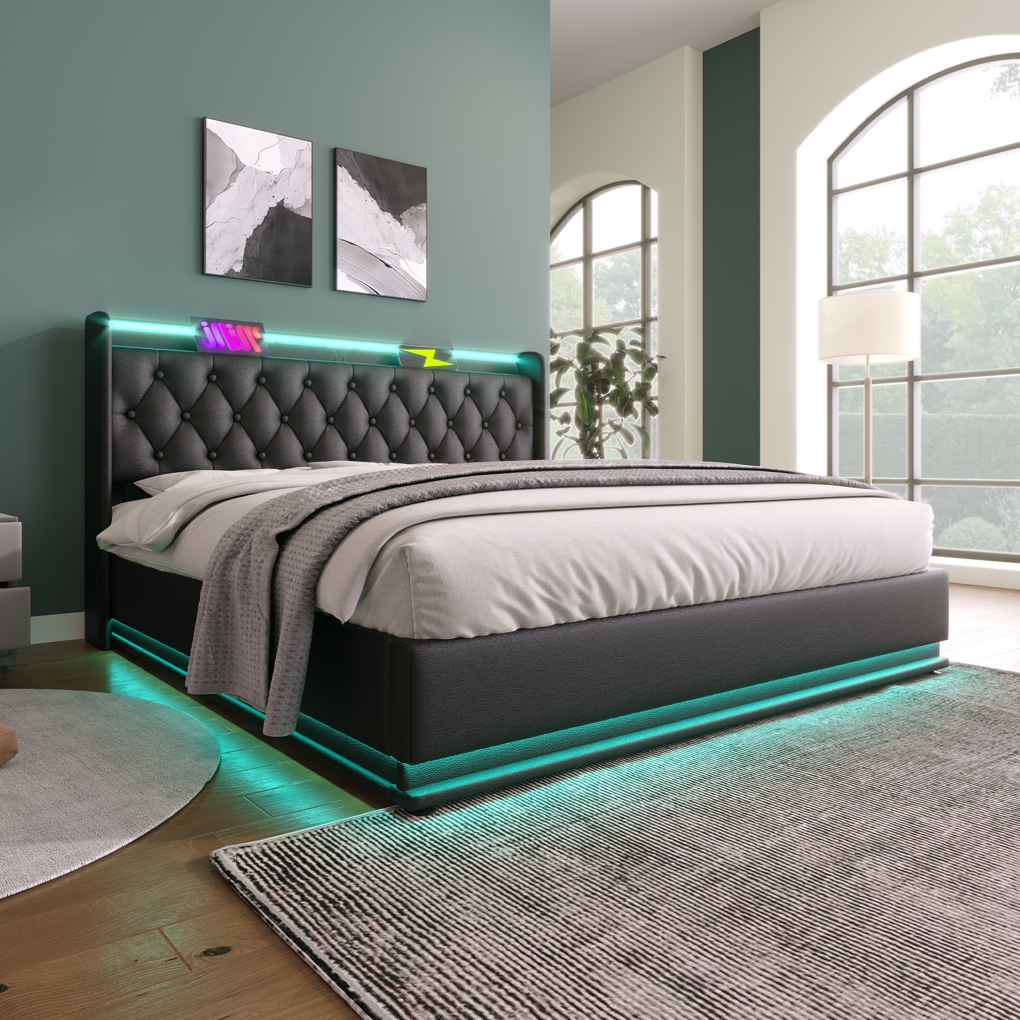 Metal Frame Storage Bed LED PU Upholstered Platform Bed, Full