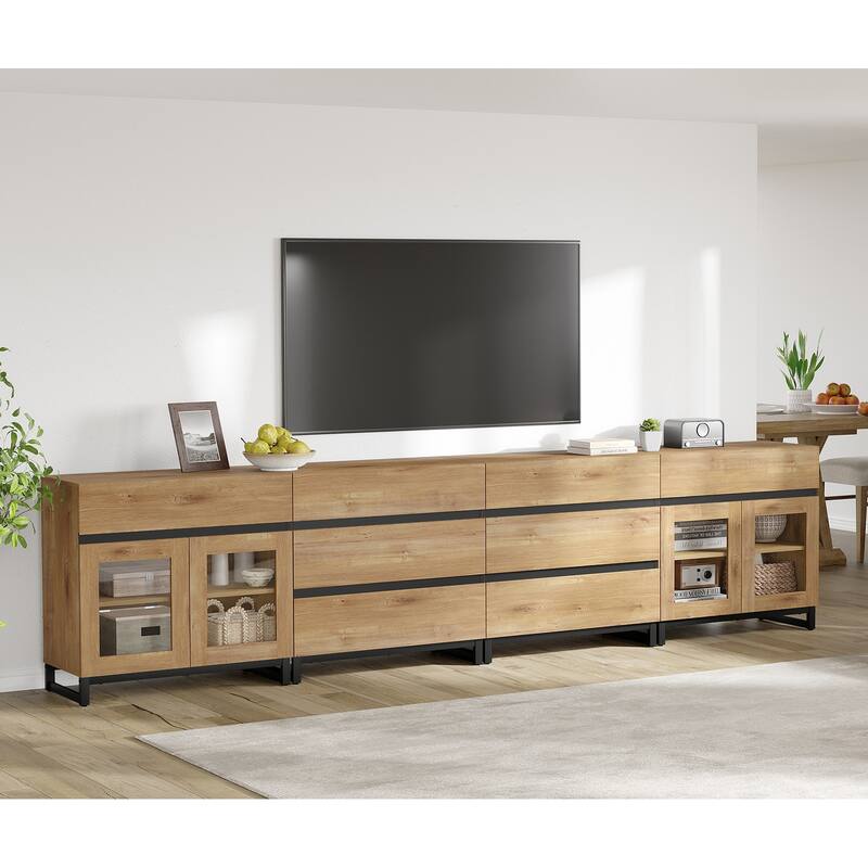 4-in-1 TV Stand for 120" TVs, Modern Console with Glass Doors & 8 Drawers - 126 inches - Oak