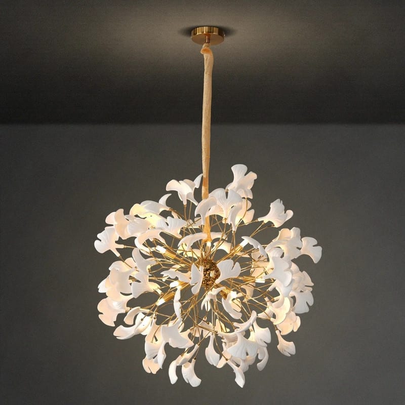 KAYLA Modern Gold Tree Branch Ginkgo Leaf Chandelier - 55" Rectangle Ceramic & Aluminum Design - Spherical31in