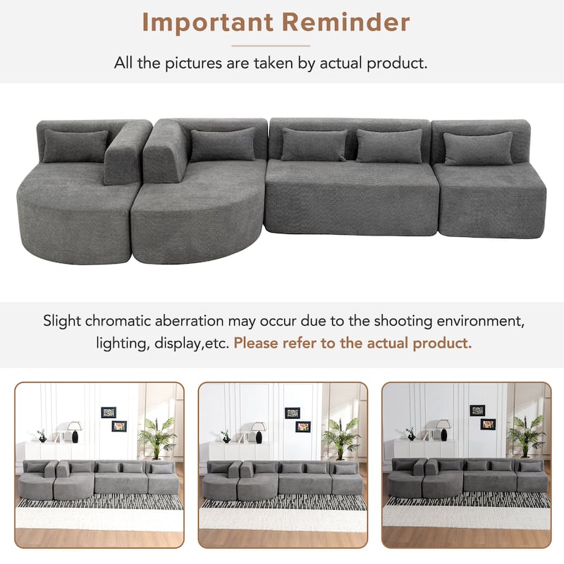 Free-combined Upholstered Sofa Couch with Two Curved Chaise Lounge and Removable Cover