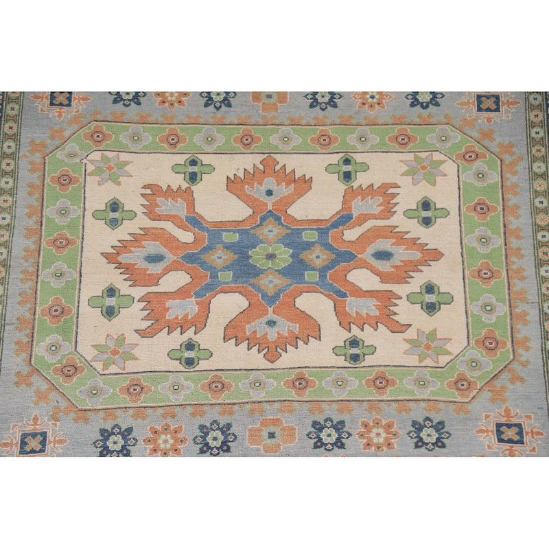 Hand Knotted Oriental 100% Wool Carpet Traditional Geometric Greys & Charcoal Kazak Area Rug - 9' 10'' X 6' 10''